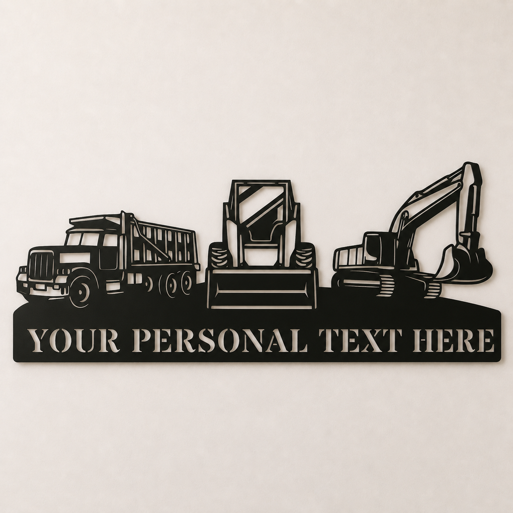Personalized Excavator, Loader & Dump Truck Metal Name Sign Wall Art