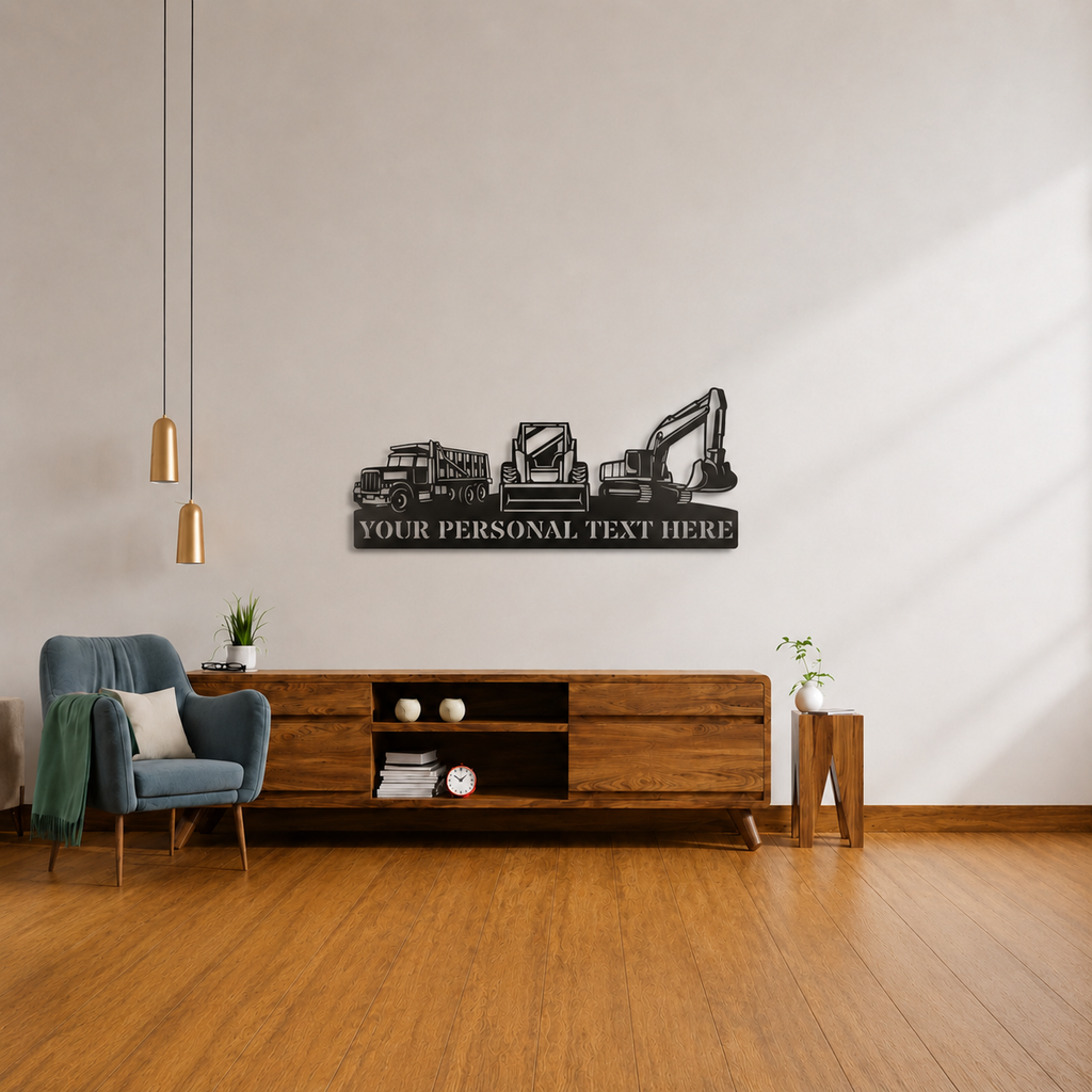 Personalized Excavator, Loader & Dump Truck Metal Name Sign Wall Art