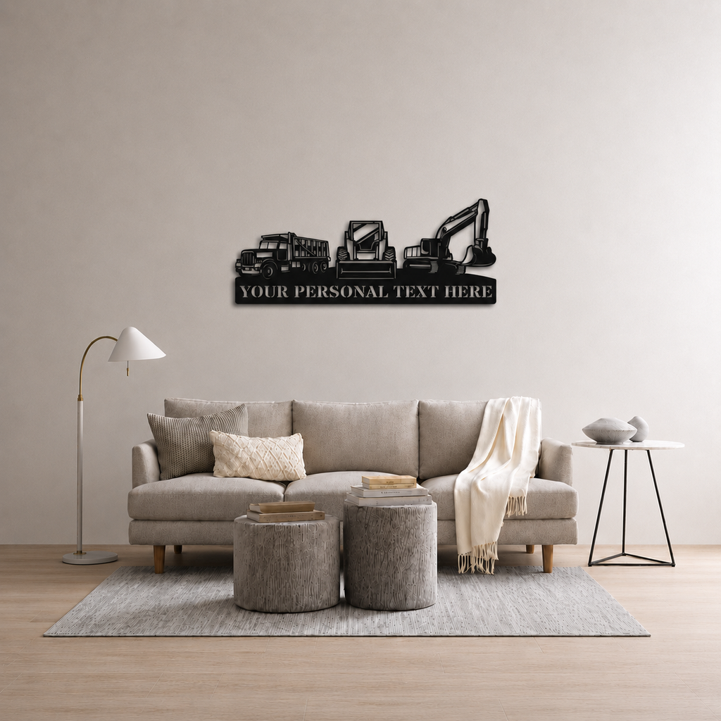 Personalized Excavator, Loader & Dump Truck Metal Name Sign Wall Art